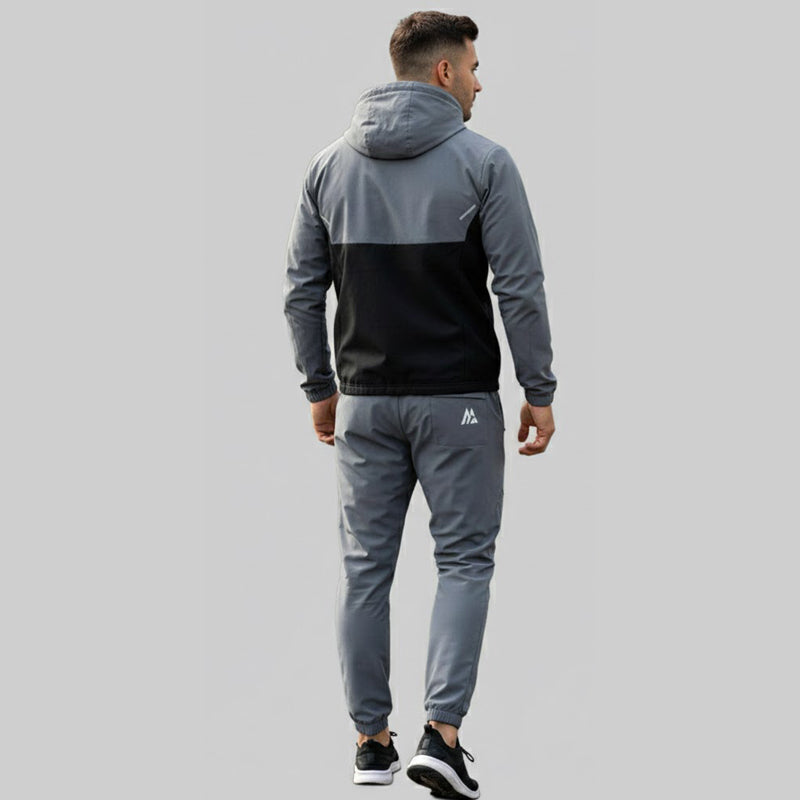 Back view of Trail Deer hybrid performance tracksuit hooded jacket and joggers